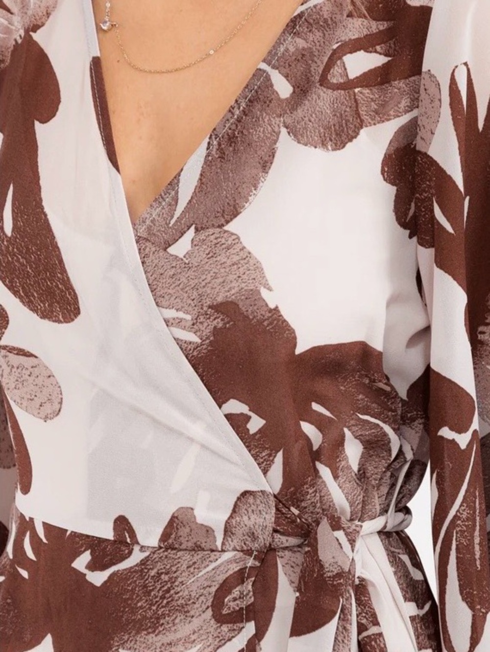 0220.  Brown Floral Wrap Maxi Dress - Women's V-Neck Tie Waist - Picture 3 of 4
